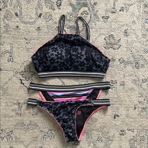 Victoria’s Secret Bikini Bundle Black/Purple Neon Lace Halter & 2 Swim Bottoms